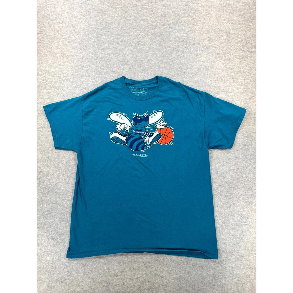 Mitchell & Ness Charlotte Hornets Basketball T Shirt Mens XL Teal Blue Graphic